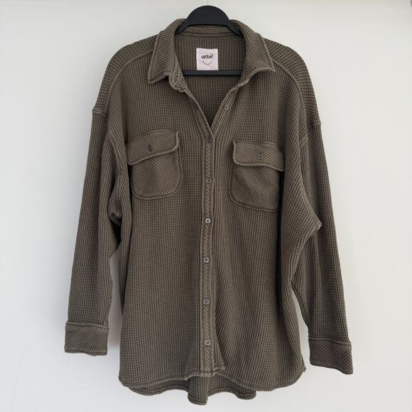 Aerie Lumberjane Waffle Shirt Small Olive Green Oversized Button Front Layer - Picture 3 of 9